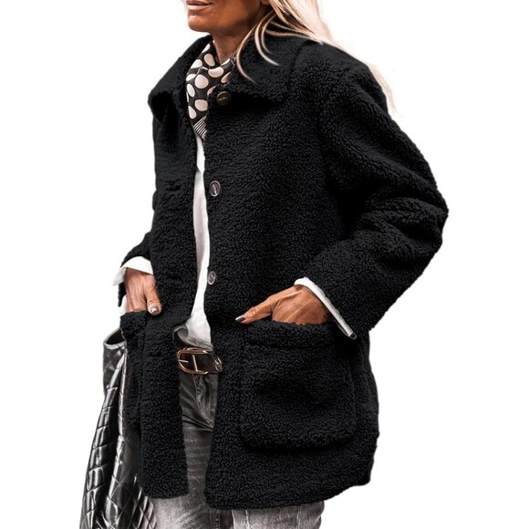 Women’s Black Faux Fur Coat Long Sleeve Lapel Button Down Fleece Sherpa Jacket - Picture 1 of 8